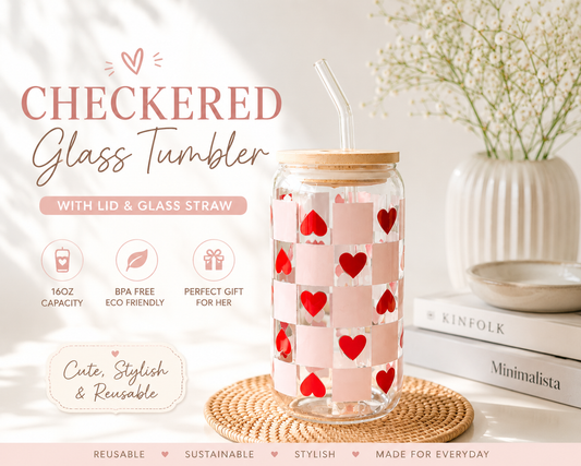 Pink Checkered Glass Tumbler