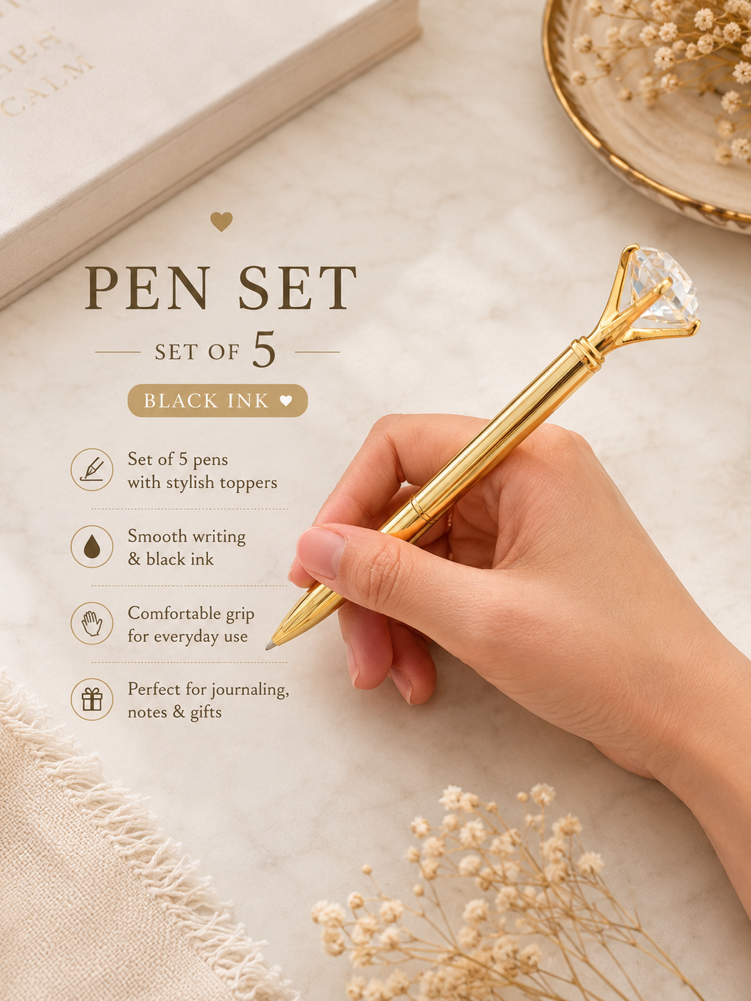 Aesthetic Ballpoint Pen Set – 5 Black Ink Pens