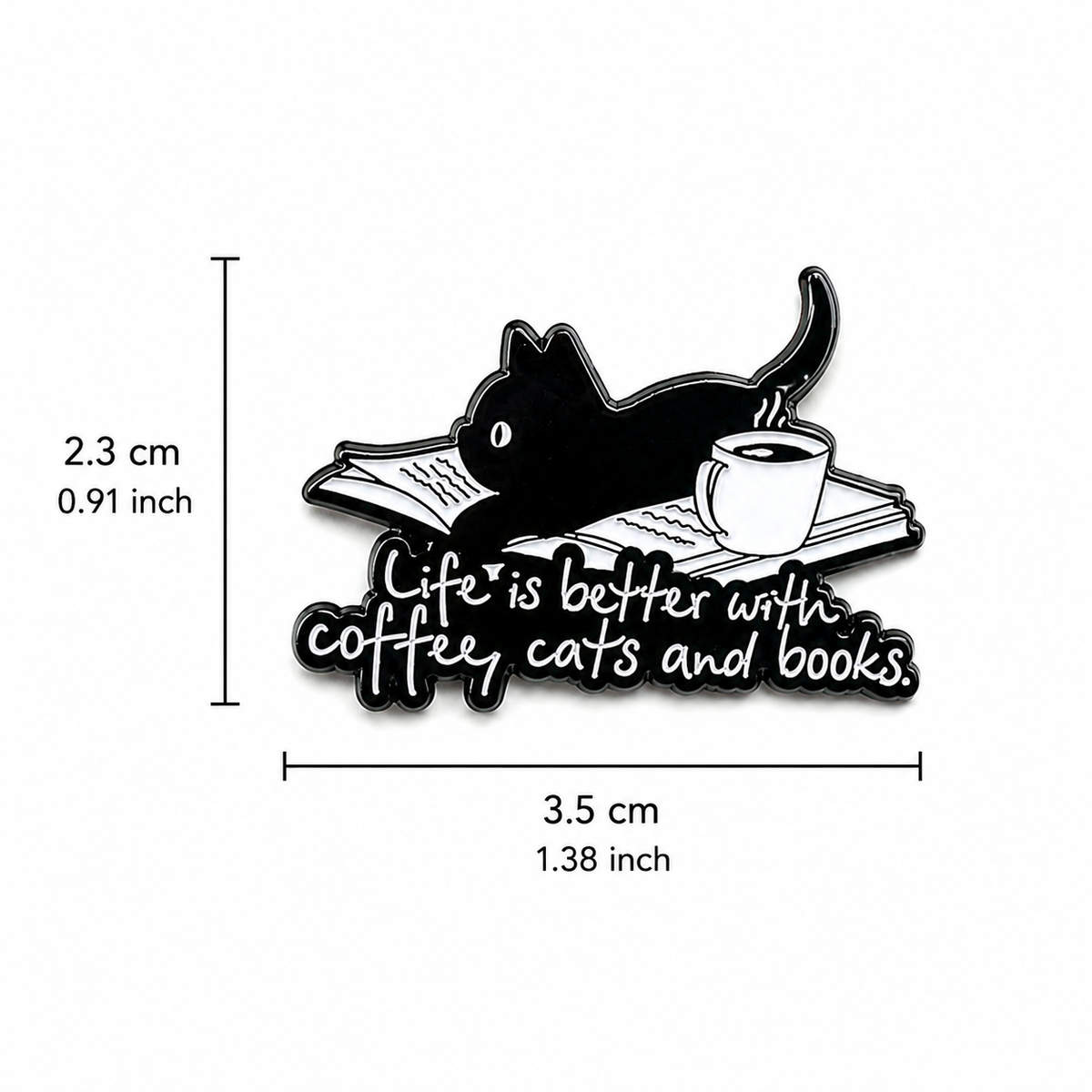 Coffee, Cats & Books Enamel Pin – Bookish Cat Pin for Readers