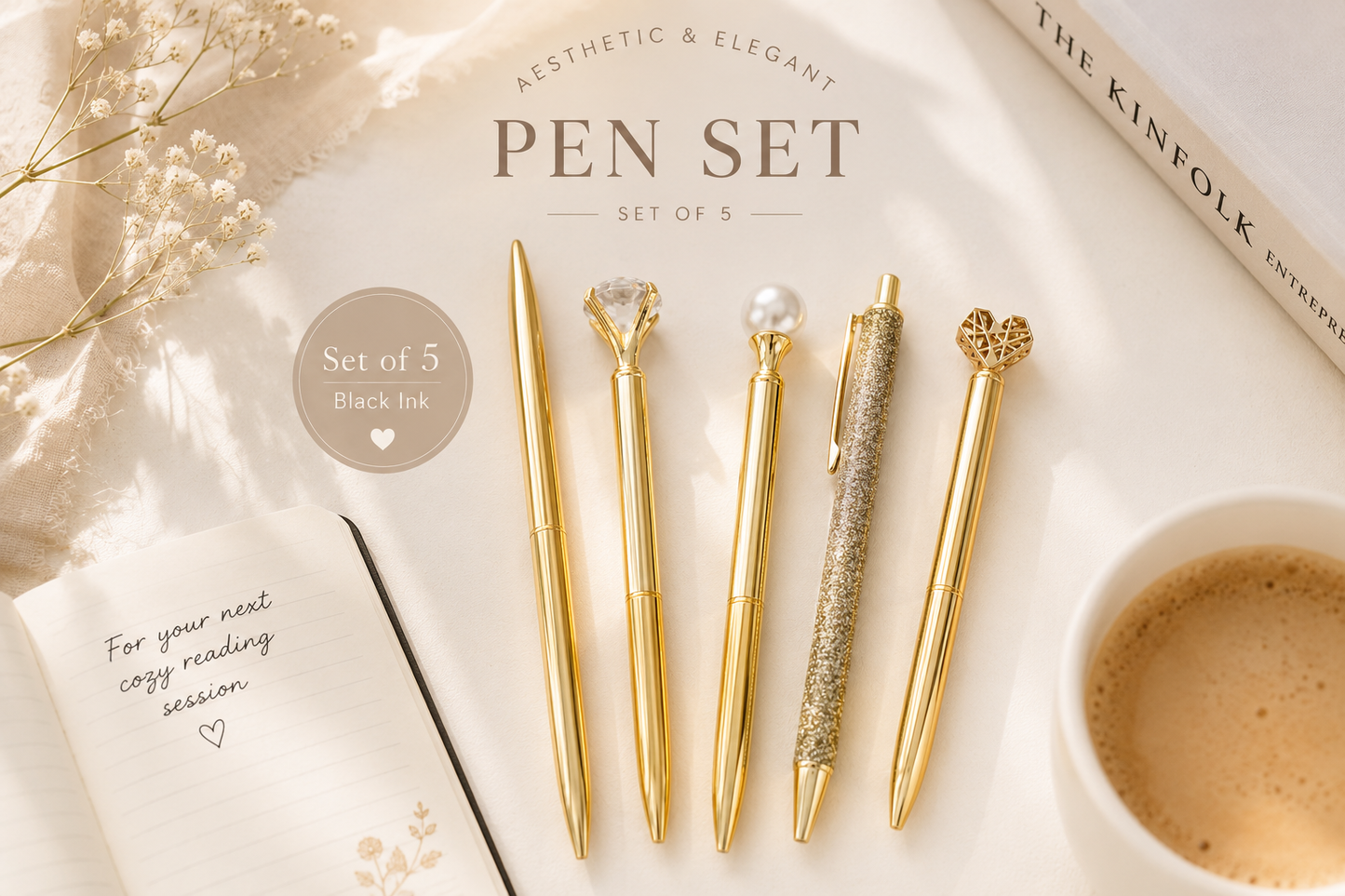 Aesthetic Ballpoint Pen Set – 5 Black Ink Pens