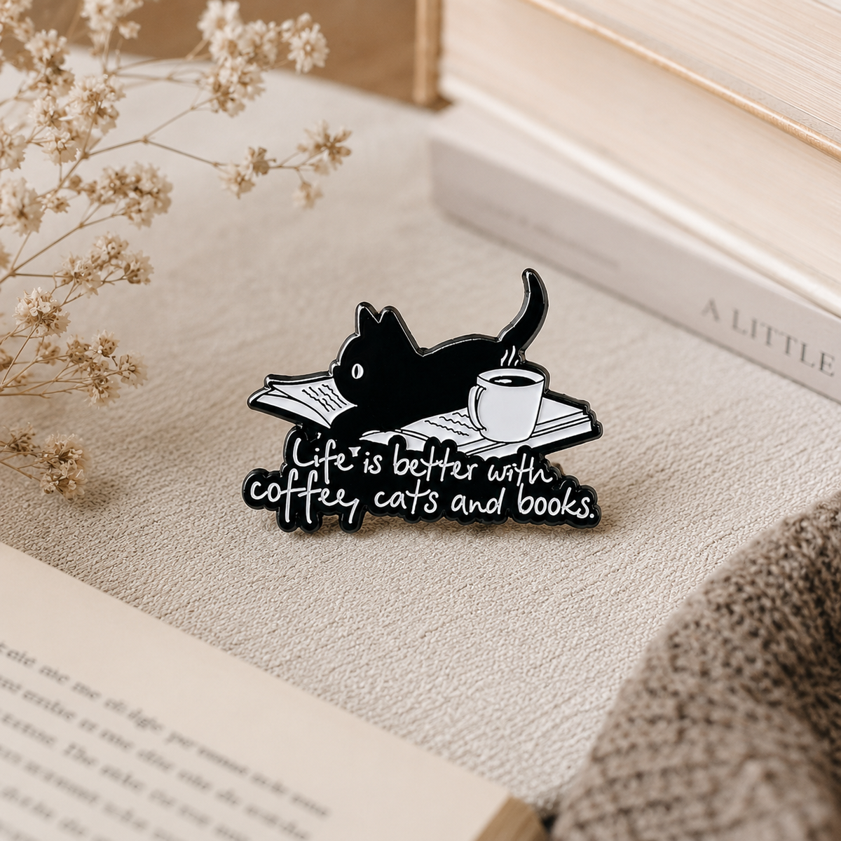Coffee, Cats & Books Enamel Pin – Bookish Cat Pin for Readers