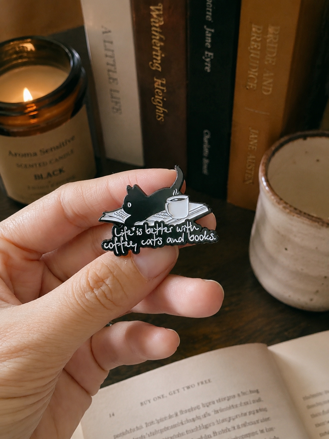 Coffee, Cats & Books Enamel Pin – Bookish Cat Pin for Readers