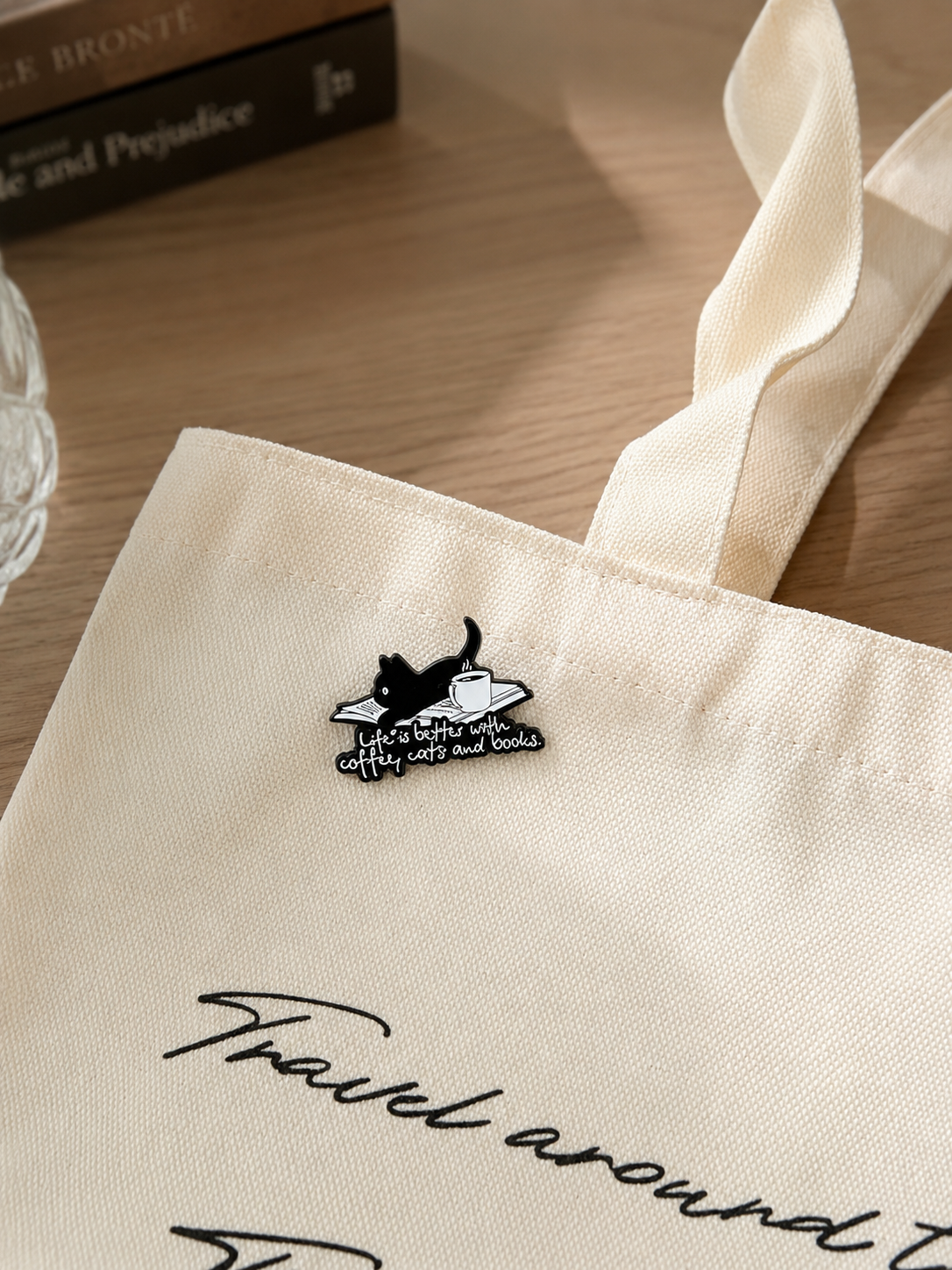 Coffee, Cats & Books Enamel Pin – Bookish Cat Pin for Readers