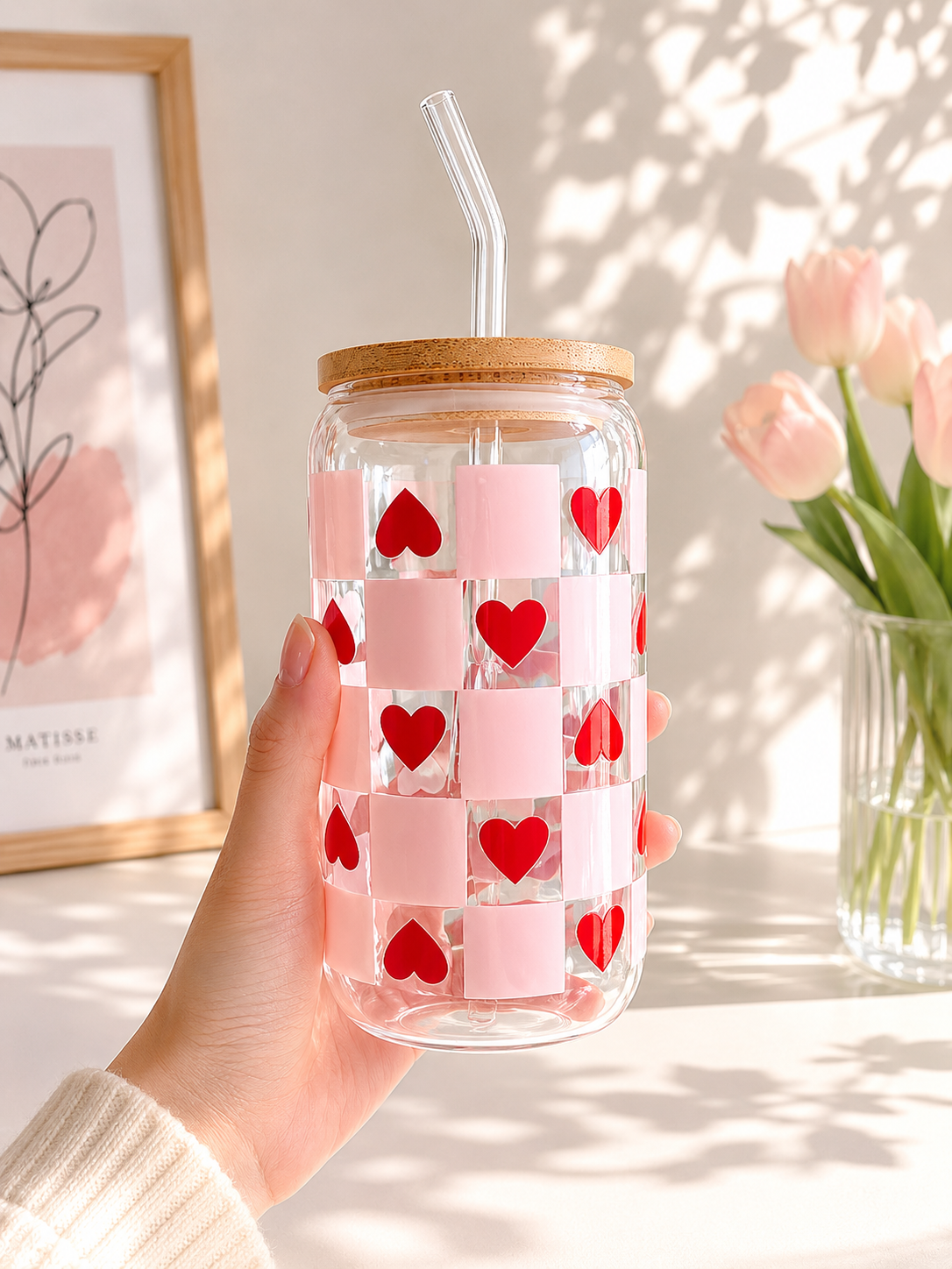 Pink Checkered Glass Tumbler