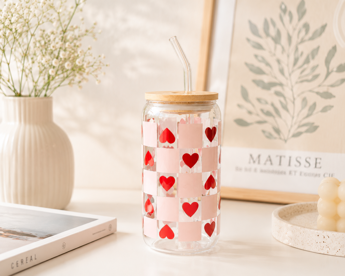 Pink Checkered Glass Tumbler