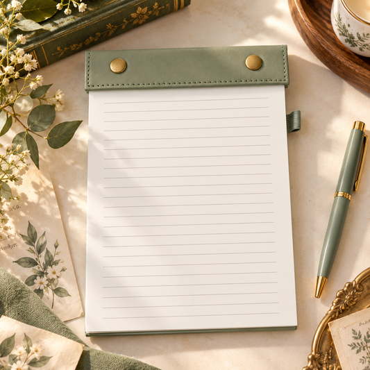 A5 lined notepad with a sage green top and gold-tone fasteners, styled beside a pen (not included).