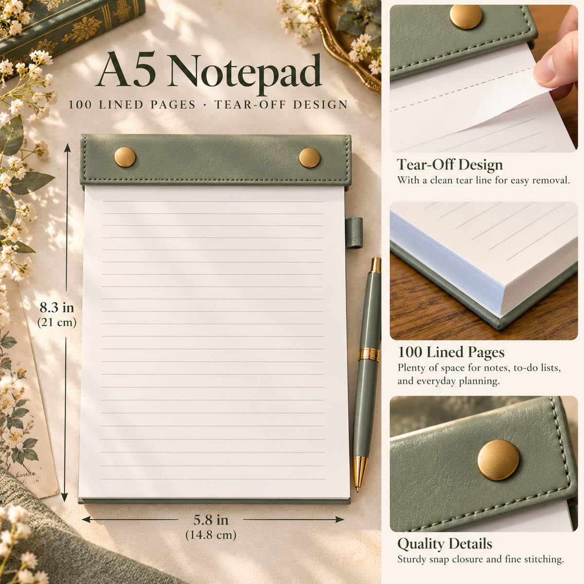 A5 notepad feature guide showing 100 lined tear-off pages and dimensions of 5.8 by 8.3 inches.